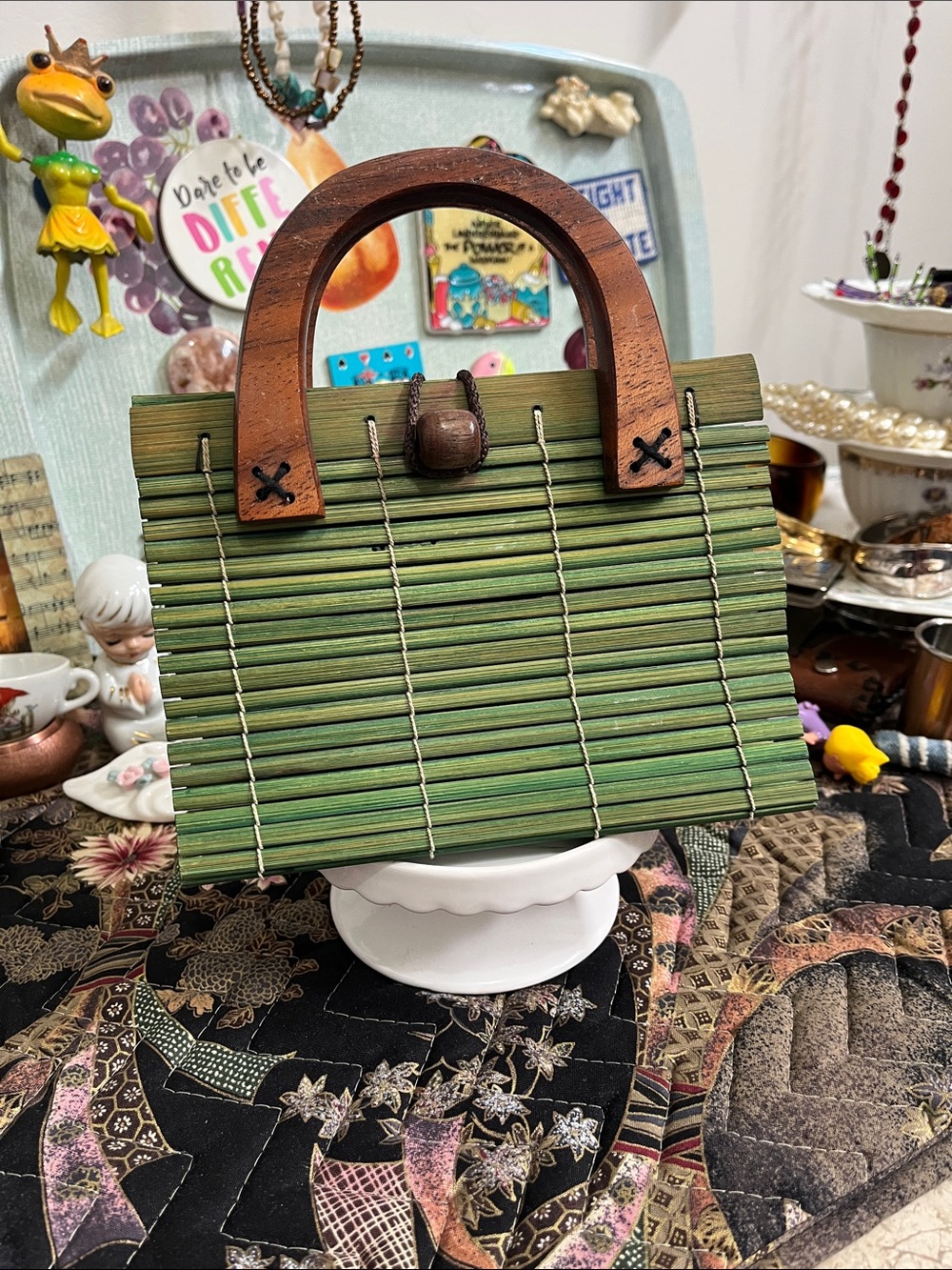 Woven Bamboo Style Handbag Wood Handle Boho Resort Cottagecore Purse Natural